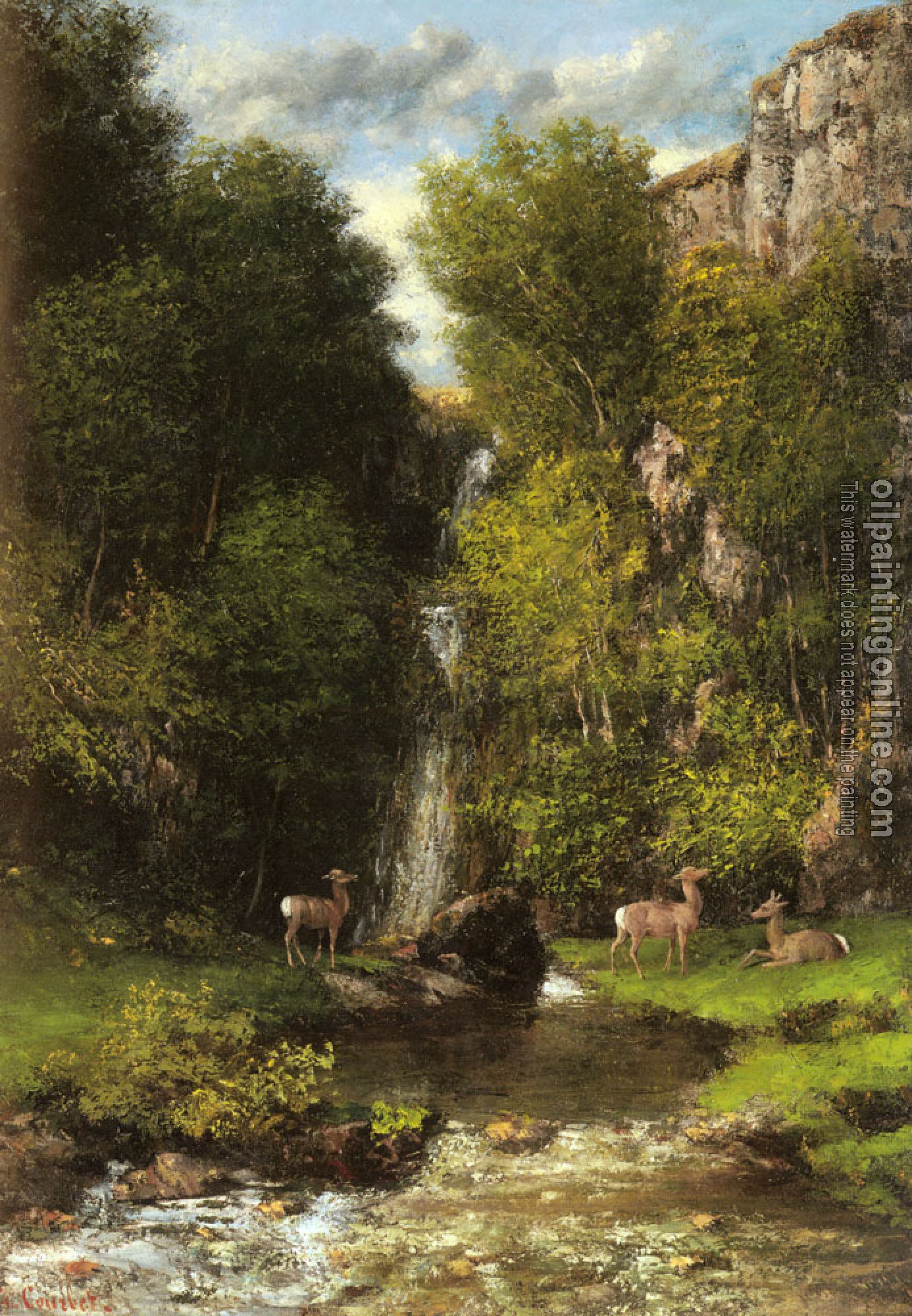 Courbet, Gustave - A Family of Deer in a Landscape with a Waterfall